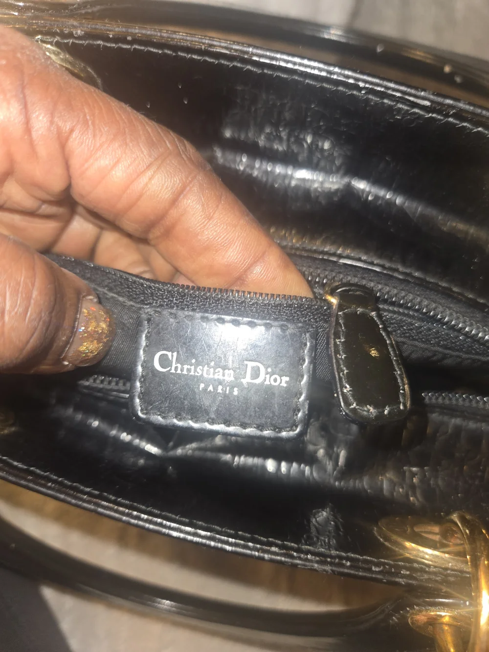 Black Structured Patent Leather Top-Handle Bag with Gold Hardware